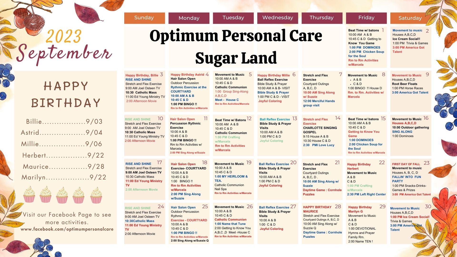 activity calendar for optimum personal care residents