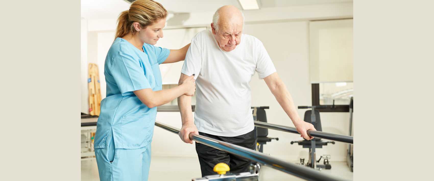 physiotherapist help senior man handicap while running in rehab